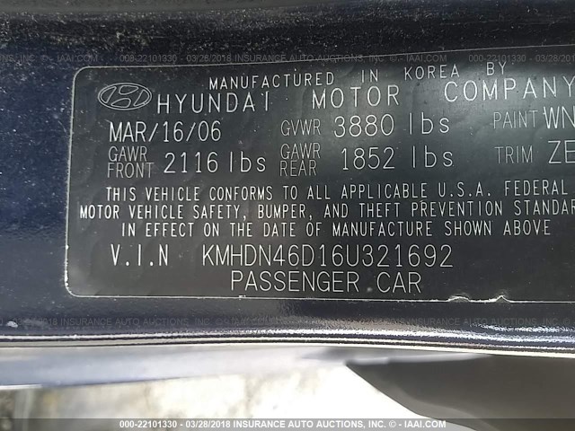 KMHDN46D16U321692 - 2006 HYUNDAI ELANTRA GLS/GT/LIMITED Dark Blue photo 9