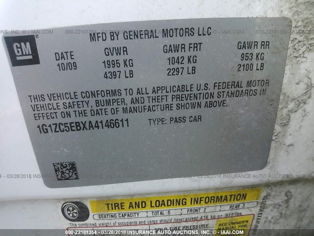 1G1ZC5EBXA4146611 - 2010 CHEVROLET MALIBU 1LT 白色 照片 9