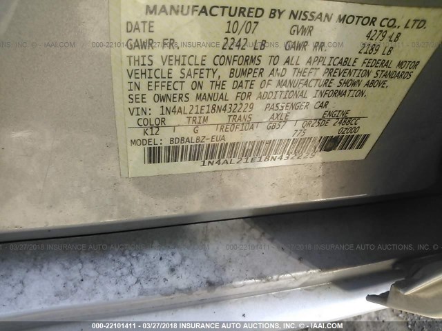 1N4AL21E18N432229 - 2008 NISSAN ALTIMA 2.5/2.5S SILVER photo 9