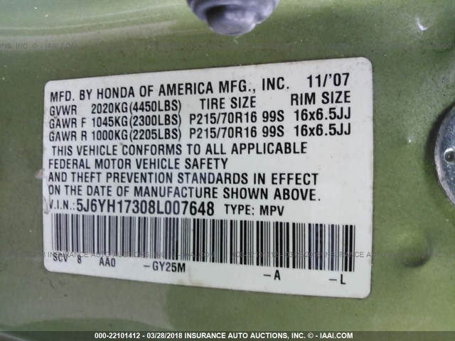 5J6YH17308L007648 - 2008 HONDA ELEMENT LX GREEN photo 9