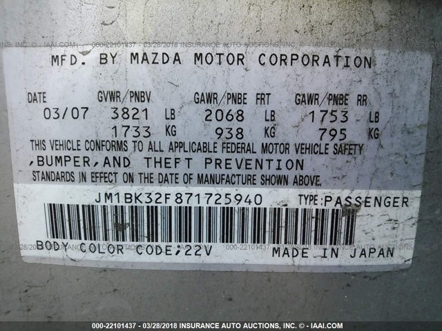 JM1BK32F871725940 - 2007 MAZDA 3 I SILVER photo 9