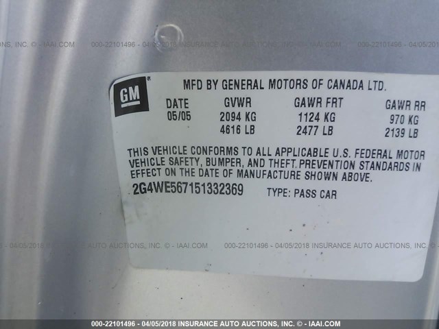 2G4WE567151332369 - 2005 BUICK LACROSSE CXS SILVER photo 9