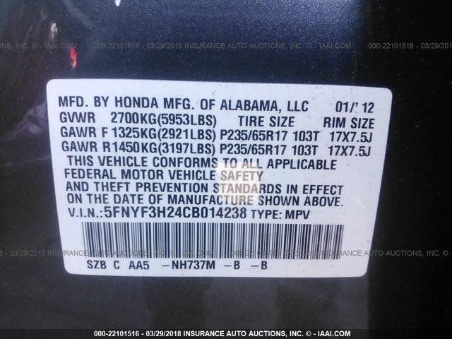 5FNYF3H24CB014238 - 2012 HONDA PILOT LX GRAY photo 9