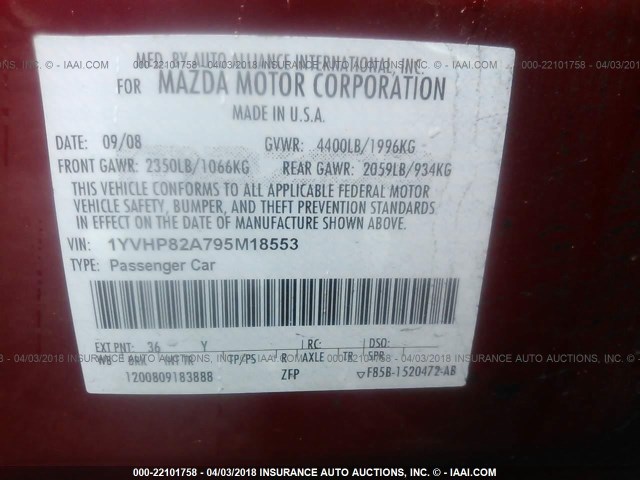 1YVHP82A795M18553 - 2009 MAZDA 6 I RED photo 9