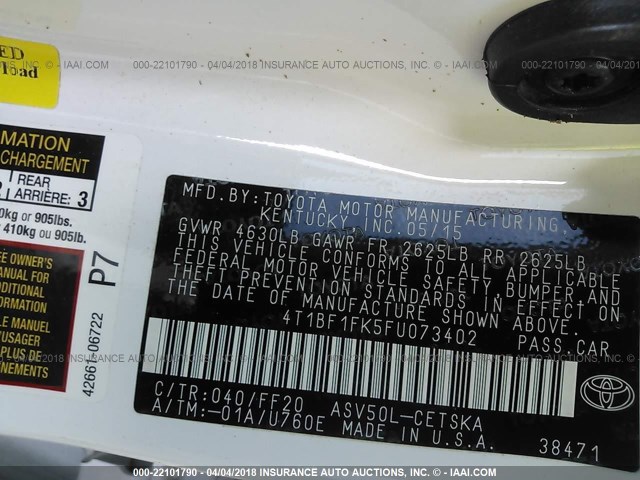 4T1BF1FK5FU073402 - 2015 TOYOTA CAMRY LE/XLE/SE/XSE Weiß Foto 9