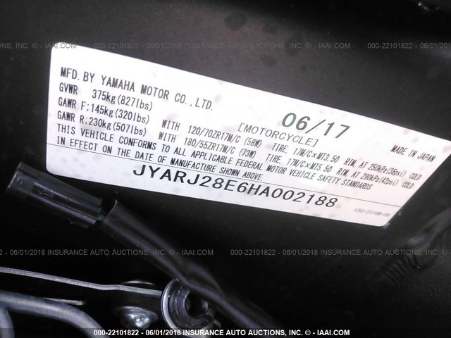 JYARJ28E6HA002188 - 2017 YAMAHA YZFR6 BLACK photo 10