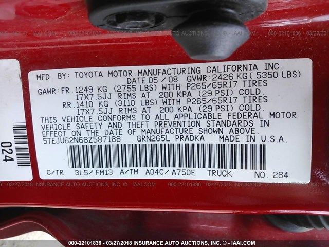 5TEJU62N68Z587188 - 2008 TOYOTA TACOMA DOUBLE CAB PRERUNNER RED photo 9
