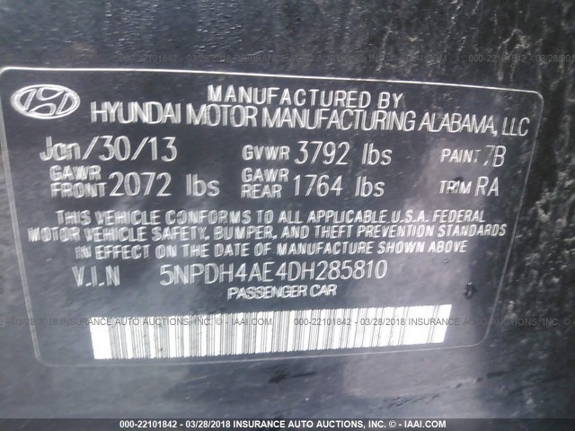 5NPDH4AE4DH285810 - 2013 HYUNDAI ELANTRA GLS/LIMITED BLACK photo 9