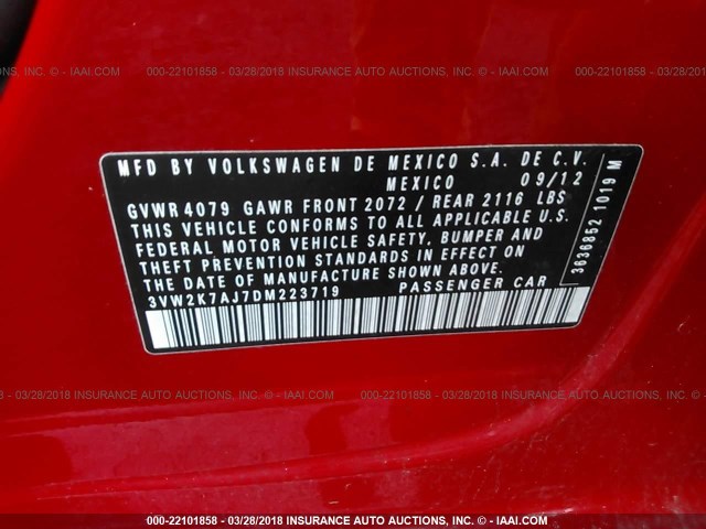 3VW2K7AJ7DM223719 - 2013 VOLKSWAGEN JETTA S 红色 照片 9