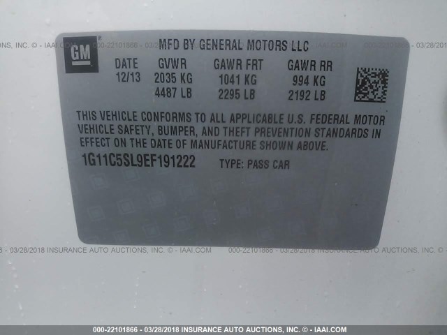 1G11C5SL9EF191222 - 2014 CHEVROLET MALIBU 1LT WHITE photo 9