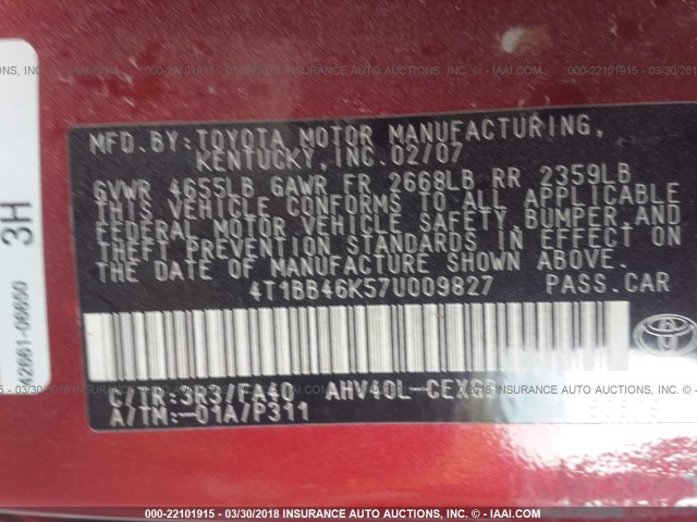 4T1BB46K57U009827 - 2007 TOYOTA CAMRY NEW GENERAT HYBRID RED photo 9