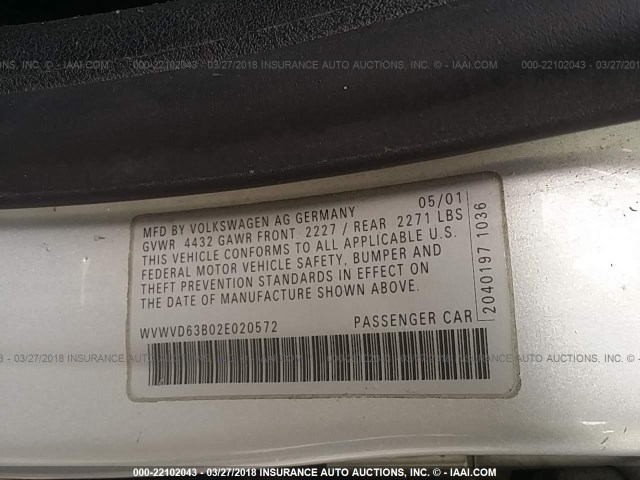 WVWVD63B02E020572 - 2002 VOLKSWAGEN PASSAT GLS GRAY photo 9