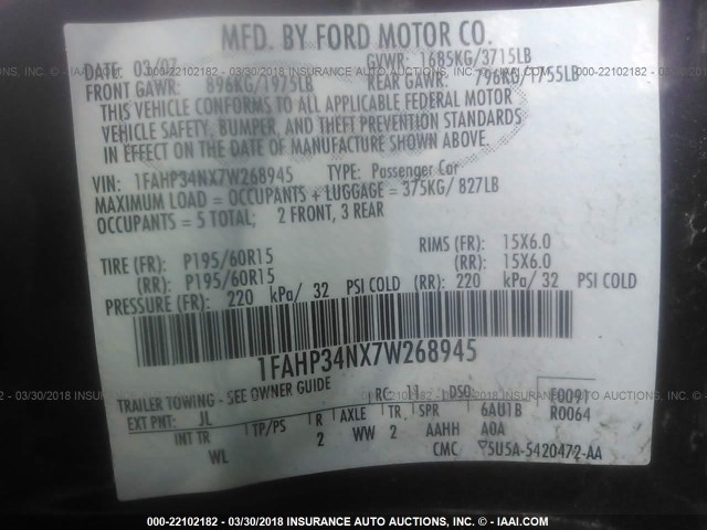 1FAHP34NX7W268945 - 2007 FORD FOCUS ZX4/S/SE/SES 红色 照片 9