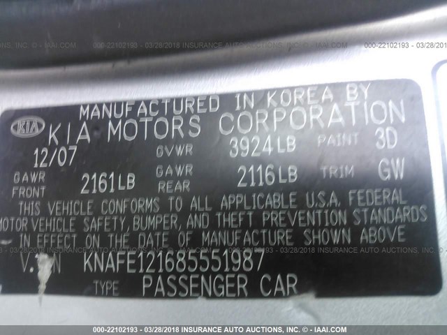 KNAFE121685551987 - 2008 KIA SPECTRA EX/LX/SX SILVER photo 9