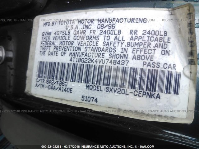 4T1BG22K4VU748437 - 1997 TOYOTA CAMRY CE/LE/XLE 绿色 照片 9