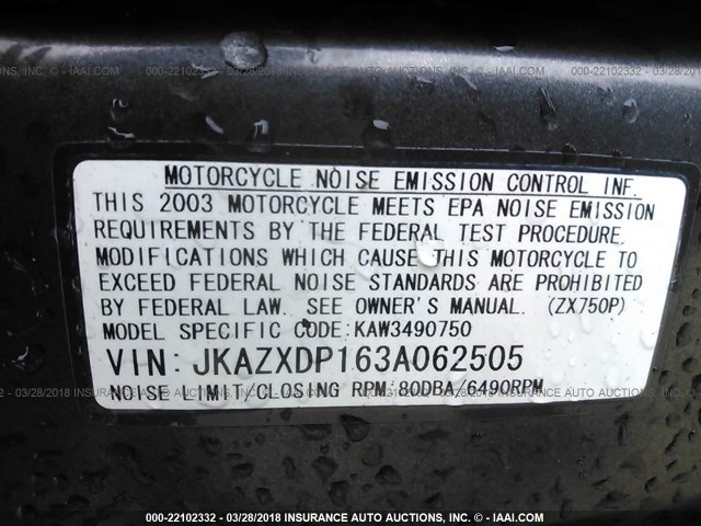 JKAZXDP163A062505 - 2003 KAWASAKI ZX750 P BLACK photo 10