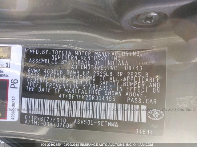 4T4BF1FK2DR334195 - 2013 TOYOTA CAMRY L/SE/LE/XLE 绿色 照片 9