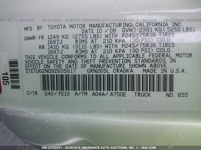 5TETU62N09Z635617 - 2009 TOYOTA TACOMA PRERUNNER ACCESS CAB WHITE photo 9