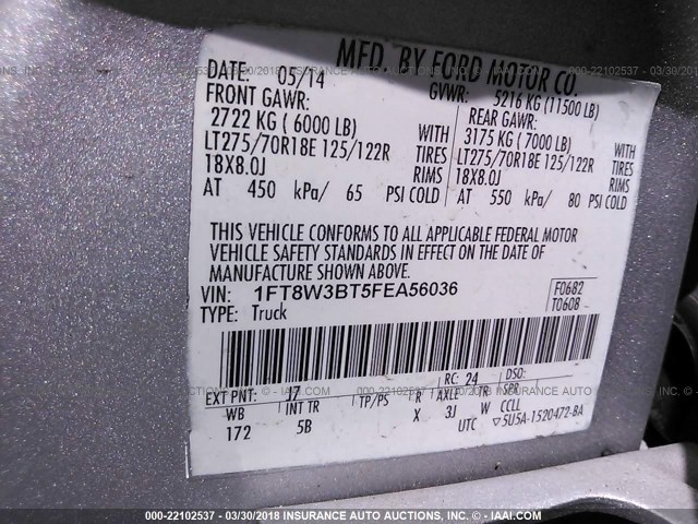 1FT8W3BT5FEA56036 - 2015 FORD F350 SUPER DUTY GRAY photo 10