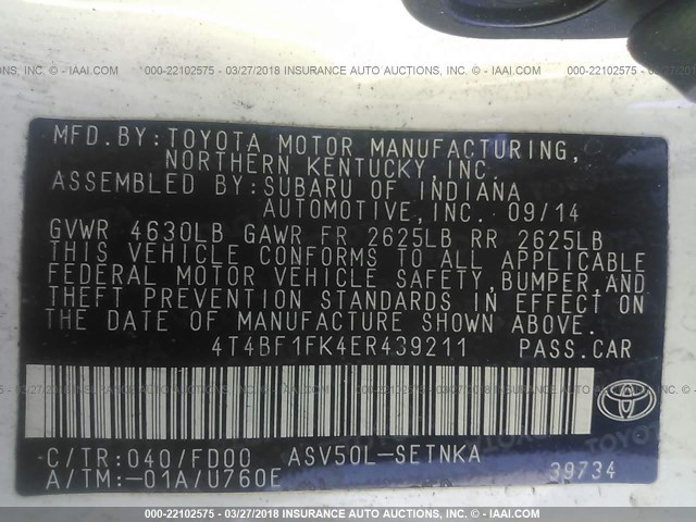 4T4BF1FK4ER439211 - 2014 TOYOTA CAMRY L/SE/LE/XLE 白色 照片 9