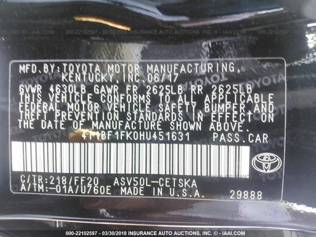 4T1BF1FK0HU451631 - 2017 TOYOTA CAMRY LE/XLE/SE/XSE BLACK photo 9