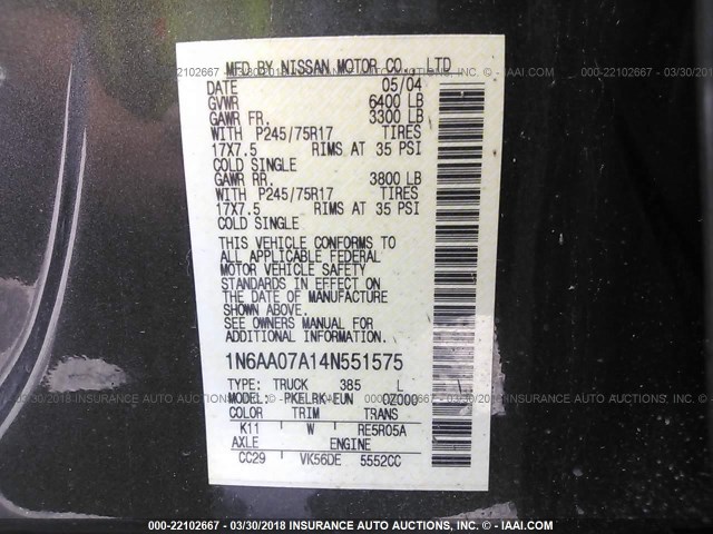1N6AA07A14N551575 - 2004 NISSAN TITAN XE/SE/LE 灰色 照片 9