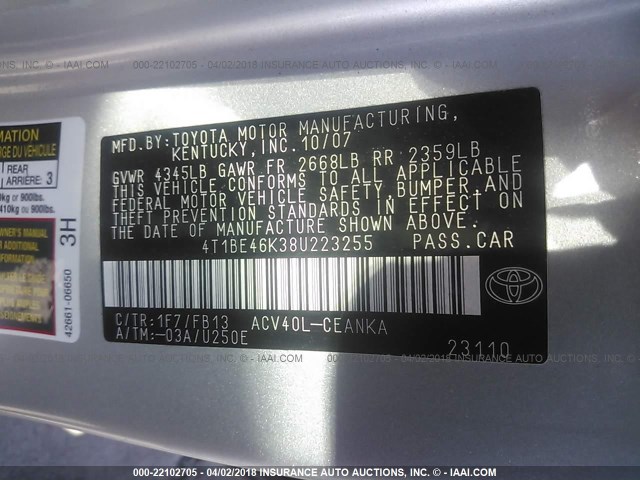4T1BE46K38U223255 - 2008 TOYOTA CAMRY CE/LE/XLE/SE SILVER photo 9