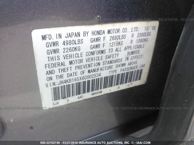 JH4KB165X6C002534 - 2006 ACURA RL GRAY photo 9