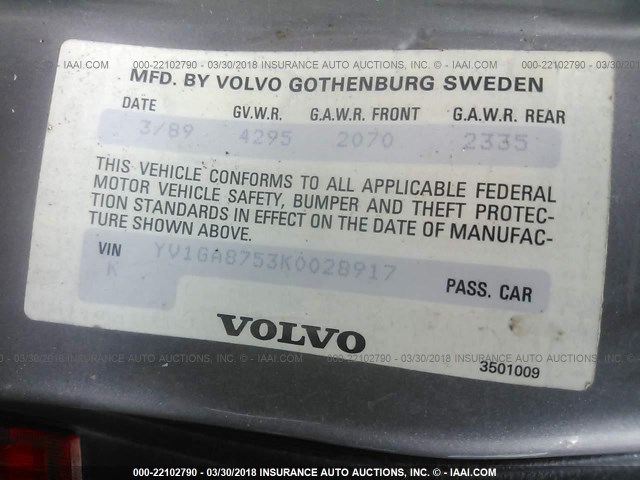 YV1GA8753K0028917 - 1989 VOLVO 760 SILVER photo 9