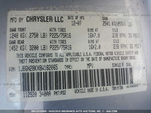 1J8GN28KX8W182065 - 2008 JEEP LIBERTY SPORT 银色 照片 9