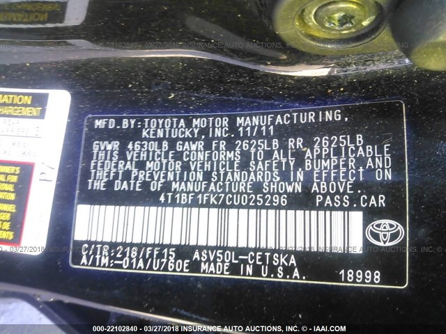 4T1BF1FK7CU025296 - 2012 TOYOTA CAMRY SE/LE/XLE 黑色 照片 9