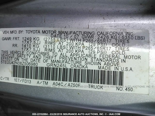 5TEUU42N08Z506980 - 2008 TOYOTA TACOMA ACCESS CAB ვერცხლისფერი ფოტო 9