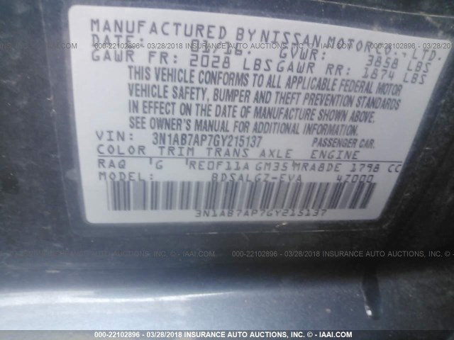 3N1AB7AP7GY215137 - 2016 NISSAN SENTRA S/SV/SR/SL BLUE photo 9