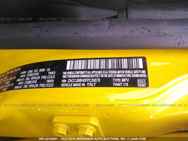 ZACCJBBH0FPC29578 - 2015 JEEP RENEGADE LATITUDE YELLOW photo 8