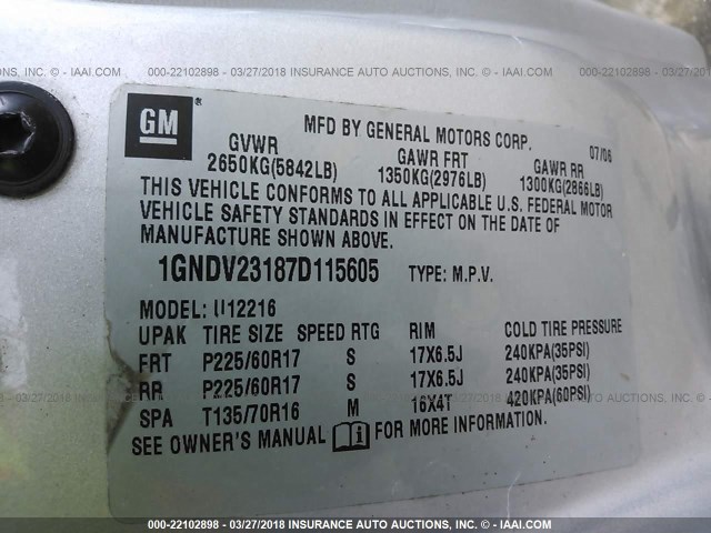 1GNDV23187D115605 - 2007 CHEVROLET UPLANDER LS Plata foto 9