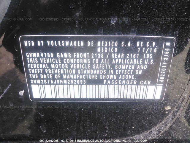 3VW2B7AJ9HM292093 - 2017 VOLKSWAGEN JETTA S 黑色 照片 9