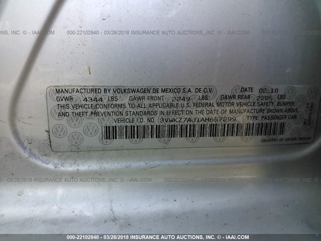 3VWKZ7AJ1AM657299 - 2010 VOLKSWAGEN JETTA S 银色 照片 9