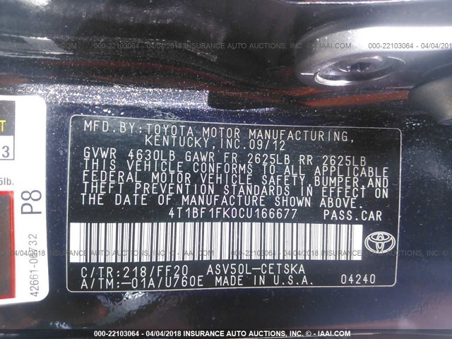 4T1BF1FK0CU166677 - 2012 TOYOTA CAMRY SE/LE/XLE 黑色 照片 9