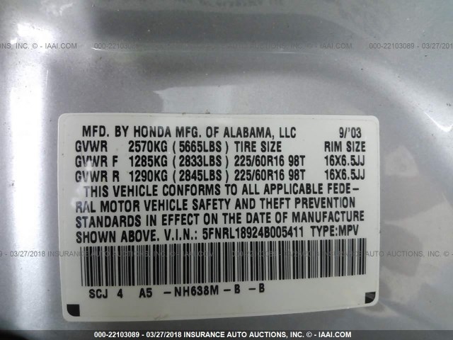 5FNRL18924B005411 - 2004 HONDA ODYSSEY EXL ვერცხლისფერი ფოტო 9
