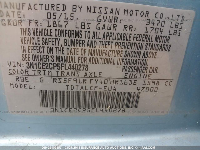3N1CE2CP5FL440278 - 2015 NISSAN VERSA NOTE S/S PLUS/SV/SL/SR Light Blue photo 9