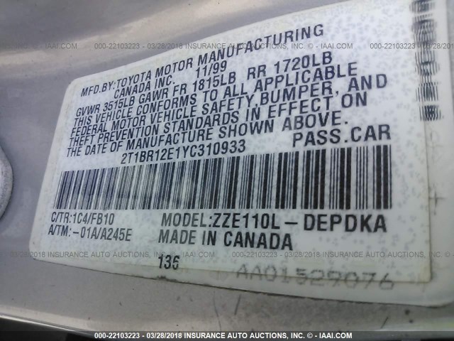 2T1BR12E1YC310933 - 2000 TOYOTA COROLLA VE/CE/LE GRAY photo 9