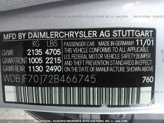 WDBJF70J72B466745 - 2002 MERCEDES-BENZ E 430 SILVER photo 9