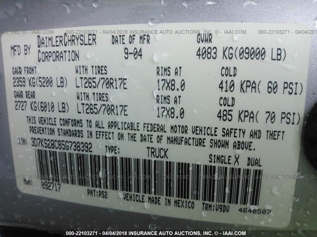 3D7KS28C85G738392 - 2005 DODGE RAM 2500 ST/SLT 银色 照片 9