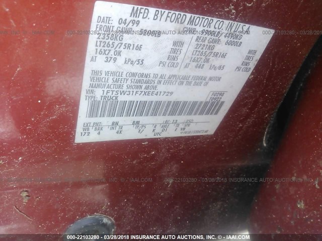 1FTSW31F7XEE41729 - 1999 FORD F350 SRW SUPER DUTY RED photo 9