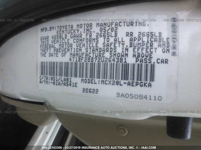 4T1BF28B72U264381 - 2002 TOYOTA AVALON XL/XLS WHITE photo 9