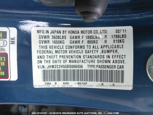 JHMZE2H55BS006936 - 2011 HONDA INSIGHT LX BLUE photo 9