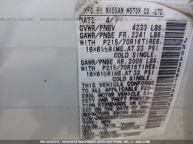 JN8AS58T29W055221 - 2009 NISSAN ROGUE S/SL WHITE photo 9