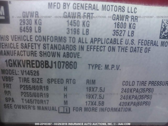 1GKKVRED8BJ107860 - 2011 GMC ACADIA SLT-1 Kastanienbraun Foto 9