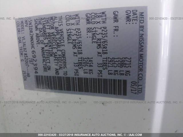 5N1DR2MNXHC692394 - 2017 NISSAN PATHFINDER S/SV/SL/PLATINUM 白色 照片 9