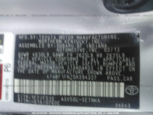 4T4BF1FK7DR294227 - 2013 TOYOTA CAMRY L/SE/LE/XLE Gümüş foto 9